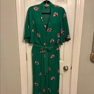 Green Flutter Sleeve Wrap Jumpsuit